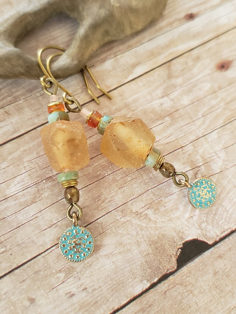 Gemstone Womens Jewelry Gift Glass Nugget Earrings Rustic Earrings In Peach And Aqua Blue Handmade Jewelry Lightweight Earrings