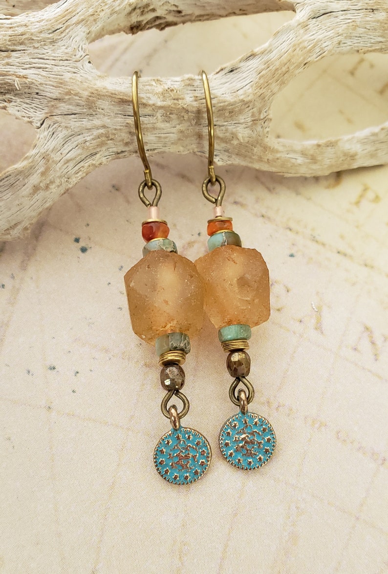 Gemstone Womens Jewelry Gift Glass Nugget Earrings Rustic Earrings In Peach And Aqua Blue Handmade Jewelry Lightweight Earrings