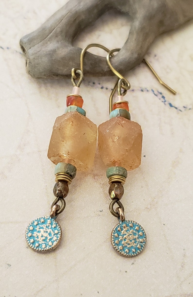 Gemstone Womens Jewelry Gift Glass Nugget Earrings Rustic Earrings In Peach And Aqua Blue Handmade Jewelry Lightweight Earrings