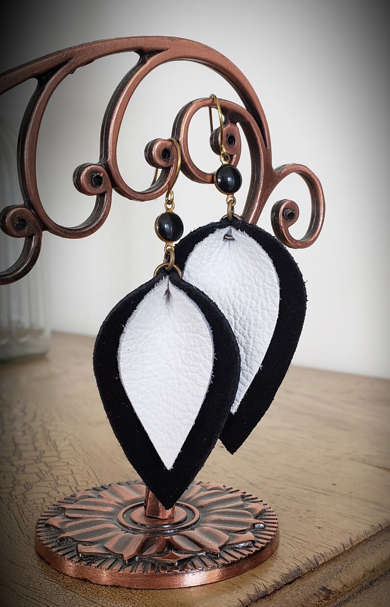 Leather Earrings Long And Lightweight Earrings Minimalist Jewelry Black And White Jewelry Leather Jewelry Womens Jewelry Gift
