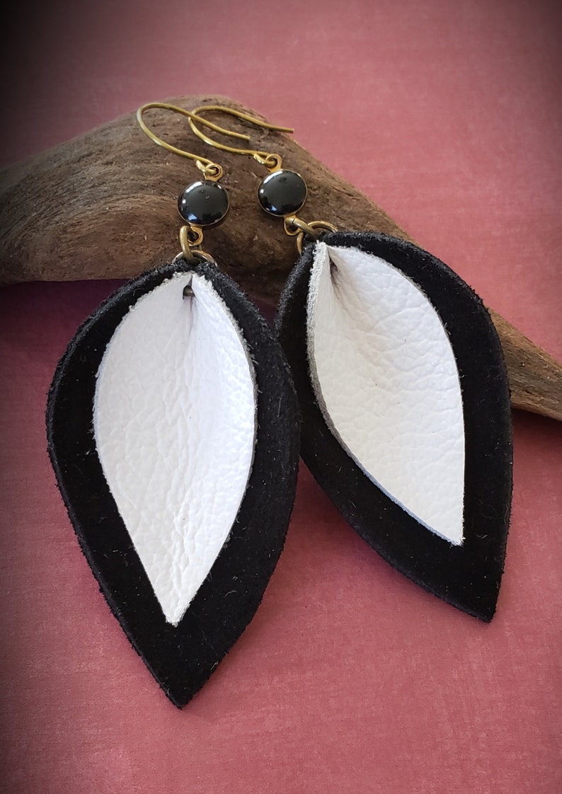 Leather Earrings Long And Lightweight Earrings Minimalist Jewelry Black And White Jewelry Leather Jewelry Womens Jewelry Gift