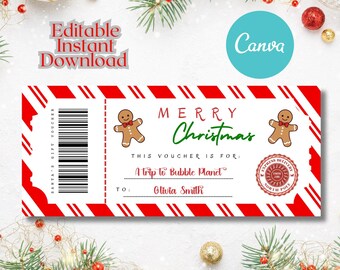 May include: A Christmas gift voucher with a red and white candy cane design. The voucher includes the text "Merry Christmas" and "A trip to Bubble Planet". It features gingerbread man illustrations and a barcode.