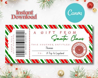 May include: A printable Christmas gift voucher with red and green stripes. The voucher says "A Gift From Santa Claus" and "This voucher entitles: Thomas to: A Trip to Legoland".