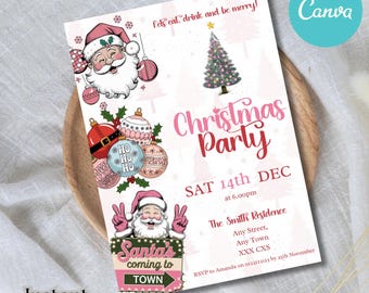 May include: Pink and red Christmas party invitation with a cartoon Santa Claus, a Christmas tree, and ornaments. The text reads "Let's eat, drink and be merry!" and "Christmas Party". The date and time of the party are listed as "Sat 14th Dec at 6:00pm".