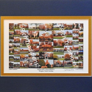 Wingate University, Wingate, North Carolina  Photo Campus Art Print matted in dark blue and gold, Keep Those College Memories Alive