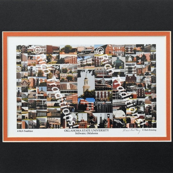 Oklahoma State University, Stillwater, Oklahoma, Photo Campus Art Print matted in black & orange, Keep Those College Memories Alive