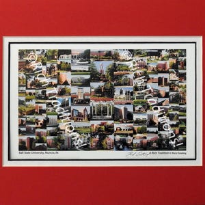 Ball State University, Muncie, Indiana, Photo Campus Art Print matted in red & white, Keep Those College Memories Alive