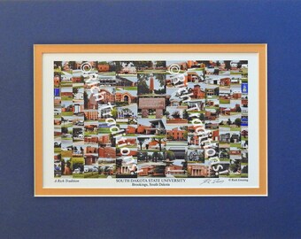 South Dakota State University, Brookings, South Dakota, Photo Campus Art Print matted in blue & yellow, Keep Those College Memories Alive