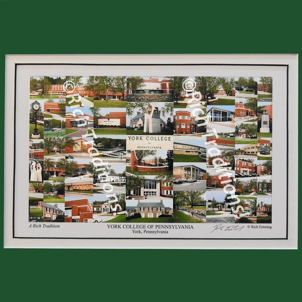 York College of Pennsylvania, York, PA, Campus Art Print in green & white mat, Keep Those College Memories Alive