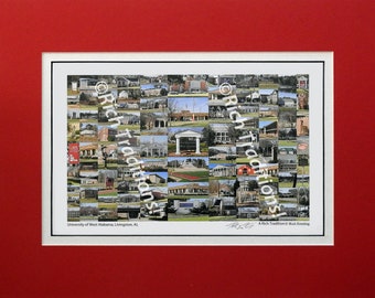 University of West Alabama, Livingston, Alabama  Photo Campus Art Print matted in red and white, Keep Those College Memories Alive