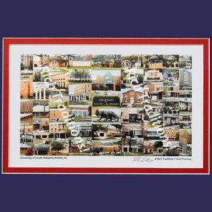 University of South Alabama, Mobile, Alabama  Photo Campus Art Print matted in dark blue and red, Keep Those College Memories Alive