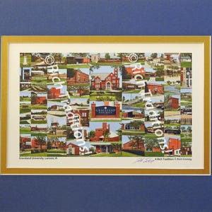 Graceland University, Lamoni, Iowa,  Photo Campus Art Print matted in blue and gold, Keep Those College Memories Alive