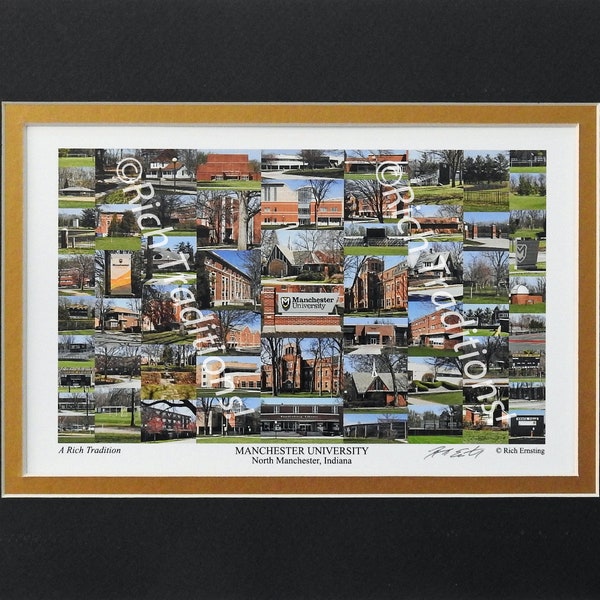 Manchester University, North Manchester, Indiana, Photo Campus Art Print matted in black & gold, Keep Those College Memories Alive