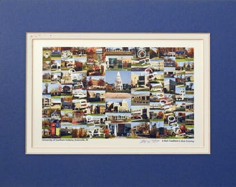 University of Southern Indiana, Evansville, Indiana, Photo Campus Art Print matted in blue & red, Keep Those College Memories Alive
