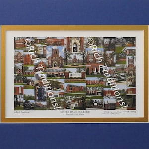 Notre Dame College, South Euclid, Ohio, Photo Campus Art Print, matted in blue & gold, Keep Those College Memories Alive