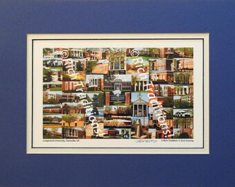 Longwood University, Farmville, Virginia,  Photo Campus Art Print matted in blue and white, Keep Those College Memories Alive