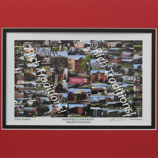 Mansfield University of Pennsylvania, Mansfield, PA, Photo Campus Art Print matted in red & black, Keep Those College Memories Alive