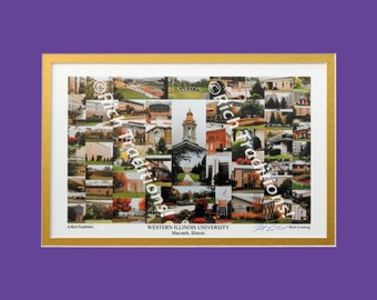 Western Illinois University, Macomb, Illinois,  Photo Campus Art Print matted in purple & gold, Keep Those College Memories Alive