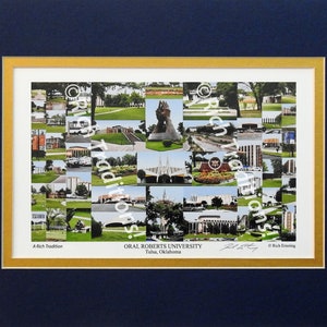 Oral Roberts University, Tulsa, Oklahoma,  Photo Campus Art Print matted in dark blue & gold, Keep Those College Memories Alive