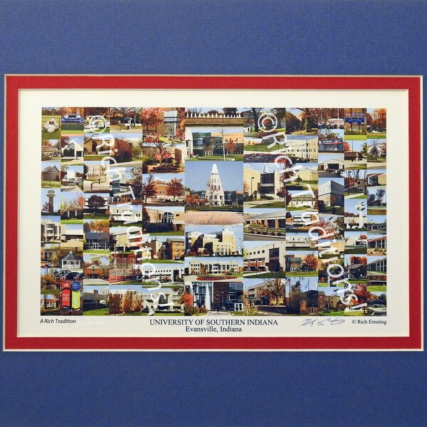 University of Southern Indiana, Evansville, Indiana, Photo Campus Art Print matted in blue & red, Keep Those College Memories Alive