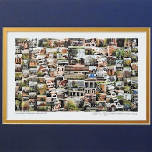 University of Delaware, Newark, Delaware,  Photo Campus Art Print matted in dark blue and gold, Keep Those College Memories Alive
