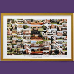 May include: A framed collage of photos depicting the campus of Tennessee Technological University in Cookeville, Tennessee. The collage is titled "A Rich Tradition" and features a variety of buildings, landscaping, and students. The text "Tennessee Technological University" and "Cookeville, Tennessee" is printed below the collage.