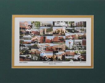 Wright State University, Dayton, Ohio, Photo Campus Art Print matted in green & gold, Keep Those College Memories Alive