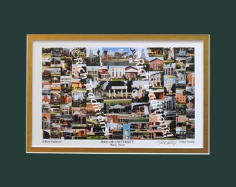 Baylor University, Waco, Texas  Photo Campus Art Print matted in dark green and gold, Keep Those College Memories Alive