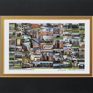 Manchester University, North Manchester, Indiana, Photo Campus Art Print matted in black & gold, Keep Those College Memories Alive