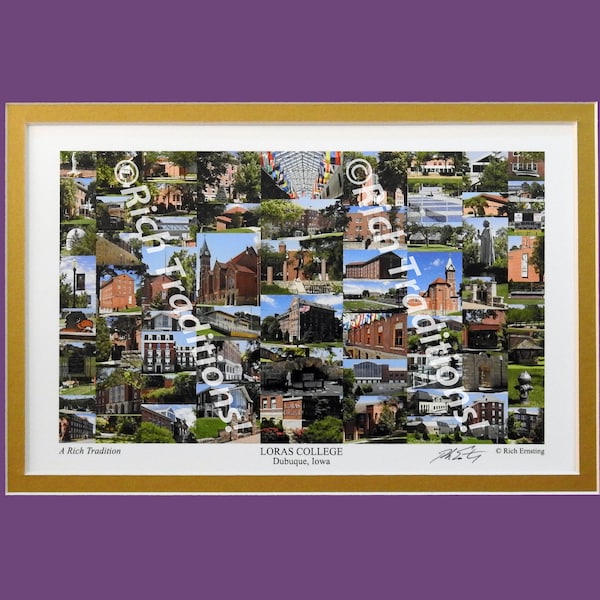 Loras College, Dubuque, Iowa,  Photo Campus Art Print matted in purple and gold, Keep Those College Memories Alive