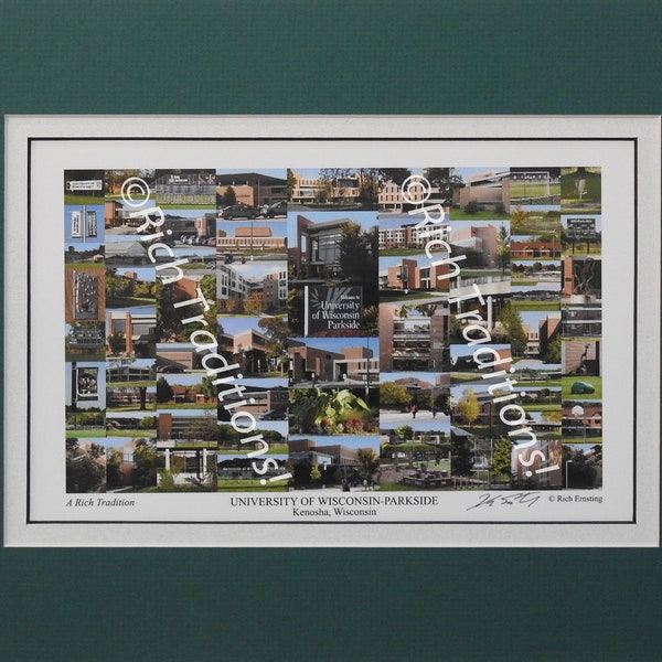Univ of Wisconsin-Parkside, Parkside, Wisconsin, Photo Campus Art Print matted in green & white, Keep Those College Memories Alive