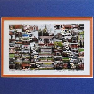 May include: A collage of photos depicting the United States Coast Guard Academy in New London, Connecticut. The collage includes images of the academy's buildings, grounds, and students. The text "Rich Traditions!" appears on the right side of the collage.