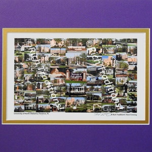 University of North Alabama, Florence, Alabama  Photo Campus Art Print matted in purple and gold, Keep Those College Memories Alive