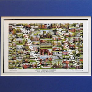 May include: A framed print featuring a collage of images of Mount Holyoke College in South Hadley, Massachusetts. The print includes the text "Mount Holyoke College" and "A Rich Tradition". The frame is white, set against a blue background.