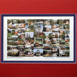Samford University, Homewood, Alabama  Photo Campus Art Print matted in red & dark blue, Keep Those College Memories Alive