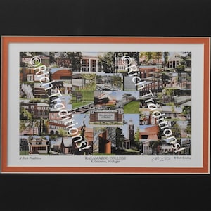 Kalamazoo College, Kalamazoo, Michigan,  Photo Campus Art Print matted in black & orange, Keep Those College Memories Alive