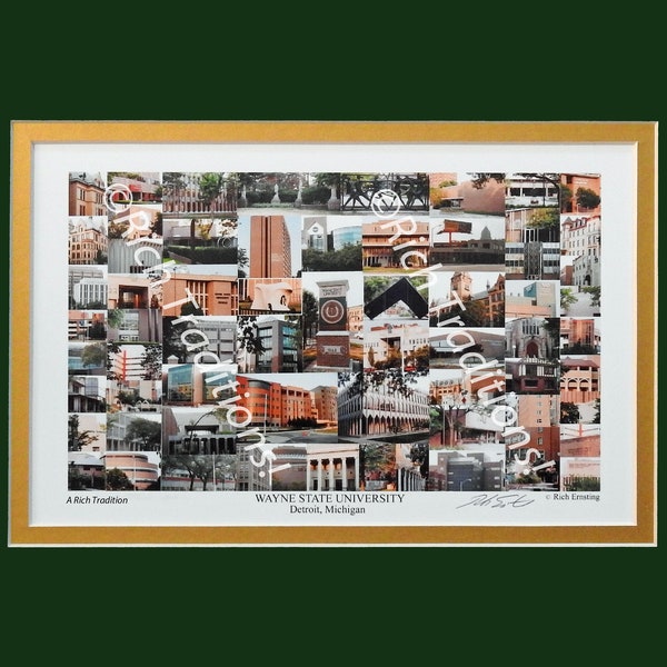 Wayne State University, Detroit, Michigan, Photo Campus Art Print matted in dark green & gold, Keep Those College Memories Alive