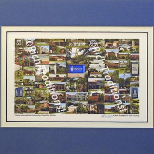 Trinity International University, Deerfield, Illinois, Photo Campus Art Print matted in blue&white, Keep Those College Memories Alive
