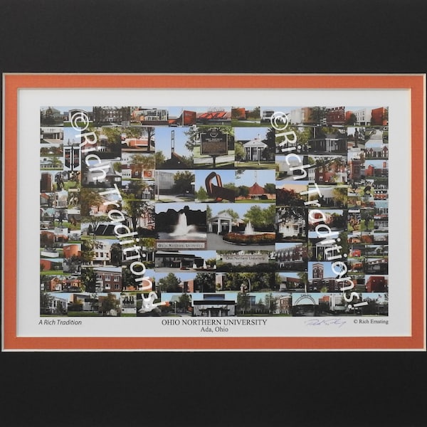 Ohio Northern University, Ada, Ohio,  Photo Campus Art Print matted in black & orange, Keep Those College Memories Alive