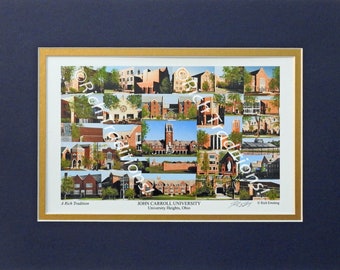John Carroll University, Cleveland, Ohio, Photo Campus Art Print, matted in dark blue & gold, Keep Those College Memories Alive