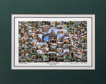 Ohio University, Athens, Ohio, Photo Campus Art Print matted in green & white, Keep Those College Memories Alive