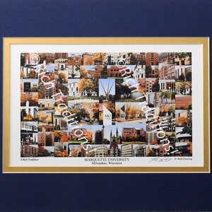 Marquette University, Milwaukee, Wisconsin, Photo Campus Art Print matted in dark blue & gold, Keep Those College Memories Alive