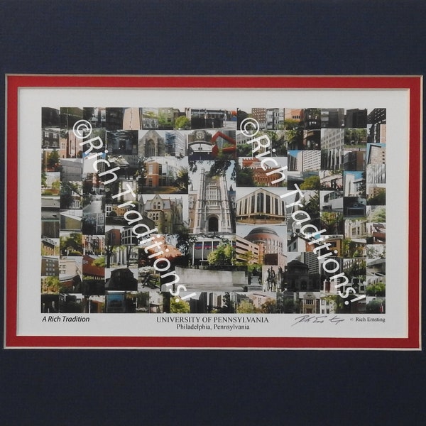 University of Pennsylvania, Philadelphia, PA,  Photo Campus Art Print matted in dark blue & red, Keep Those College Memories Alive