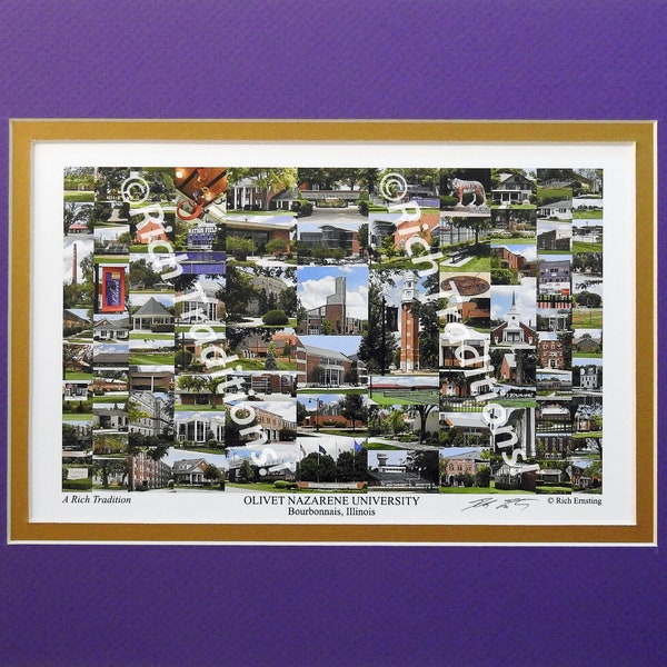 Olivet Nazarene University, Bourbonnais, Illinois,  Photo Campus Art Print matted in purple & gold, Keep Those College Memories Alive