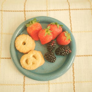 Könnte beinhalten: Ein türkisfarbener Teller mit frischen Erdbeeren, Brombeeren und Keksen. Die Erdbeeren sind leuchtend rot mit grünen Stielen. Die Brombeeren sind dunkelviolett. Die Kekse sind goldbraun und haben die Form von Brezeln und Kreisen.