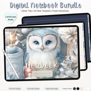 May include: Digital notebook bundle with a winter theme. The cover features a blue and white owl with a snowy background. The bundle includes 64 note templates, winter tabs, and a pastel sticker book.