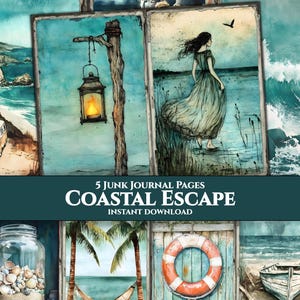Utskrivbara skräpjournalsidor från Coastal Escape, skräpjournalkit, scrapbookpapper, vintage-ephemera, digital nedladdning