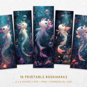 Printable Bookmarks 2x6 | 16 Designs | PDF Print + PNG Files | Bookmark Sublimation | Fantasy Axolotl Underwater Dreamscape