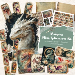 Kit stampabile Ephemera Junk Journal, Biglietto drago vintage jpg, Carta per scrapbooking, Fogli PDF digitali, Drago shabby, Cinema per scrapbooking
