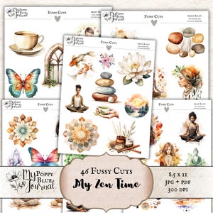 May include: 46 digital printable fussy cuts for crafting and scrapbooking. The images feature a zen theme with watercolor illustrations of a butterfly, lotus flower, stacked stones, a teacup, a mandala, a window, a meditating person, and a buddha statue. The digital download includes JPG and PDF files at 300 DPI.